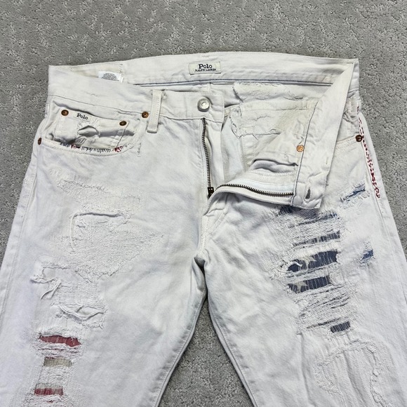 Polo Ralph Lauren Varick Slim Straight Jeans 32x34 White Denim Distressed Repair